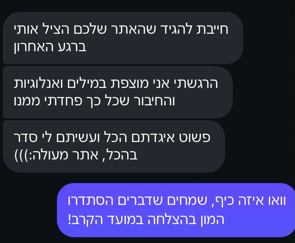 שיחה עם תלמידה שסיפרה שהאתר הציל אותה ברגע האחרון ועשה לה סדר במילים, באנלוגיות ובחיבור